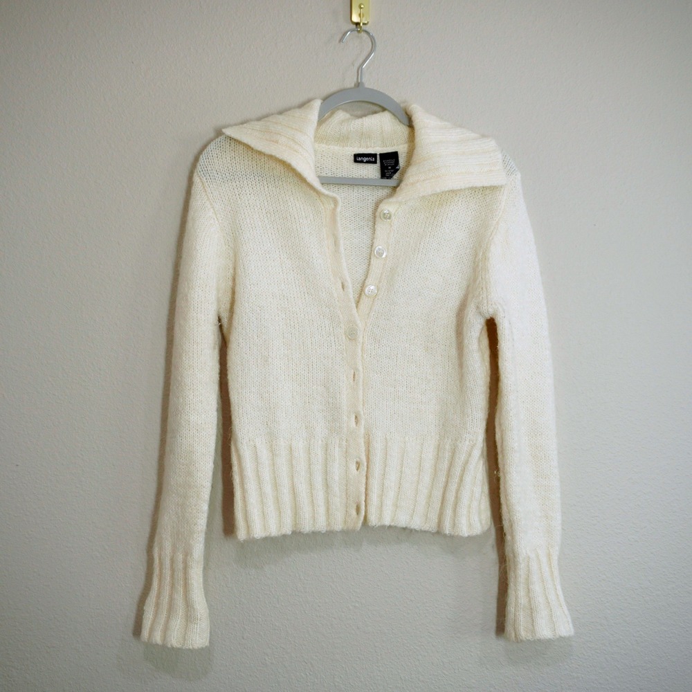 Vintage Langenis Cream Mohair Blend Cardigan Sweater Wide Collar Grannycore